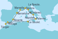 Visitando Civitavecchia (Roma), La Spezia, Florencia y Pisa (Italia), Savona (Italia), Marsella (Francia), Barcelona, Alicante (España), Málaga, Tánger (Marruecos), La Goulette (Tunez), Palermo (Italia), Nápoles (Italia), Civitavecchia (Roma)