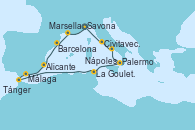 Visitando Savona (Italia), Marsella (Francia), Barcelona, Alicante (España), Málaga, Tánger (Marruecos), La Goulette (Tunez), Palermo (Italia), Nápoles (Italia), Civitavecchia (Roma), Savona (Italia)