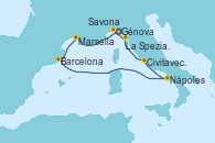 Visitando Génova (Italia), Marsella (Francia), Barcelona, Nápoles (Italia), Civitavecchia (Roma), La Spezia, Florencia y Pisa (Italia), Savona (Italia)