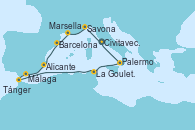 Visitando Civitavecchia (Roma), Savona (Italia), Marsella (Francia), Barcelona, Alicante (España), Málaga, Tánger (Marruecos), La Goulette (Tunez), Palermo (Italia), Civitavecchia (Roma)