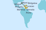 Visitando Miami (Florida/EEUU), Aruba (Antillas), Curacao (Antillas), Grenada (Antillas), Bridgetown (Barbados), Martinica (Antillas), Antigua (Antillas), Philipsburg (St. Maarten), Miami (Florida/EEUU)
