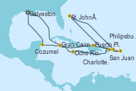 Visitando Galveston (Texas), Ocho Ríos (Jamaica), San Juan (Puerto Rico), Philipsburg (St. Maarten), St. John´s (Antigua y Barbuda), Charlotte Amalie (St. Thomas), Puerto Plata, Republica Dominicana, Gran Caimán (Islas Caimán), Cozumel (México), Galveston (Texas)