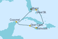 Visitando Miami (Florida/EEUU), Great Stirrup Cay (Bahamas), Falmouth (Jamaica), Gran Caimán (Islas Caimán), Cozumel (México), Miami (Florida/EEUU)