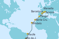 Visitando Río de Janeiro (Brasil), Recife (Brasil), Mindelo (Cabo Verde), Santa Cruz de Tenerife (España), Tánger (Marruecos), Barcelona, Marsella (Francia), Savona (Italia)