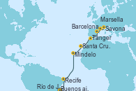 Visitando Buenos aires, Río de Janeiro (Brasil), Recife (Brasil), Mindelo (Cabo Verde), Santa Cruz de Tenerife (España), Tánger (Marruecos), Barcelona, Marsella (Francia), Savona (Italia)