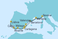 Visitando Barcelona, Marsella (Francia), Savona (Italia), Marsella (Francia), Valencia, Cartagena (Murcia), Málaga, Cádiz (España), Lisboa (Portugal), Alicante (España), Barcelona