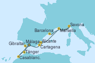 Visitando Málaga, Tánger (Marruecos), Casablanca (Marruecos), Gibraltar (Inglaterra), Cartagena (Murcia), Alicante (España), Marsella (Francia), Savona (Italia), Marsella (Francia), Barcelona