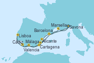Visitando Savona (Italia), Marsella (Francia), Valencia, Cartagena (Murcia), Málaga, Cádiz (España), Lisboa (Portugal), Alicante (España), Barcelona, Savona (Italia)