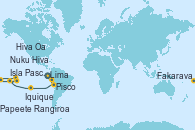 Visitando Lima (Callao/Perú), Pisco (Perú), Iquique (Chile), Isla Pascua (Chile), Isla Pascua (Chile), Nuku Hiva (Polinesia Francesa), Hiva Oa (Islas Marquesas/Polinesia Francesa), Fakarava (Polinesia Francesa), Rangiroa (Polinesia Francesa), Papeete (Tahití), Papeete (Tahití)