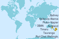 Visitando Auckland (Nueva Zelanda), Tauranga (Nueva Zelanda), Napier (Nueva Zelanda), Wellington (Nueva Zelanda), Picton (Australia), Kaikoura (Nueva Zelanda), Akaroa (Nueva Zelanda), Timaru (Nueva Zelanda), Port Chalmers (Nueva Zelanda), OBAN (HALFMOON BAY), Sydney (Australia)