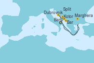 Visitando Bari (Italia), Kotor (Montenegro), Bar ( Montenegro), Dubrovnik (Croacia), Dubrovnik (Croacia), Split (Croacia), Marghera (Venecia/Italia), Bari (Italia)
