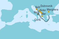 Visitando Bari (Italia), Kotor (Montenegro), Corfú (Grecia), Bar ( Montenegro), Dubrovnik (Croacia), Split (Croacia), Marghera (Venecia/Italia), Bari (Italia)