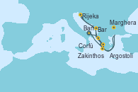 Visitando Bari (Italia), Corfú (Grecia), Zakinthos (Grecia), Argostoli (Grecia), Bar ( Montenegro), Rijeka (Croacia), Marghera (Venecia/Italia), Bari (Italia)