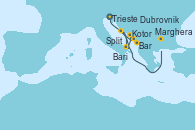 Visitando Trieste (Italia), Bari (Italia), Kotor (Montenegro), Bar ( Montenegro), Dubrovnik (Croacia), Dubrovnik (Croacia), Split (Croacia), Marghera (Venecia/Italia)