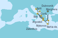 Visitando Marghera (Venecia/Italia), Bari (Italia), Bahía de Souda (Grecia), Mykonos (Grecia), Argostoli (Grecia), Marghera (Venecia/Italia), Bari (Italia), Corfú (Grecia), Zakinthos (Grecia), Argostoli (Grecia), Dubrovnik (Croacia), Split (Croacia), Marghera (Venecia/Italia)