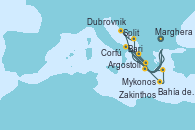 Visitando Marghera (Venecia/Italia), Bari (Italia), Corfú (Grecia), Zakinthos (Grecia), Argostoli (Grecia), Dubrovnik (Croacia), Split (Croacia), Marghera (Venecia/Italia), Bari (Italia), Bahía de Souda (Grecia), Mykonos (Grecia), Argostoli (Grecia), Marghera (Venecia/Italia)