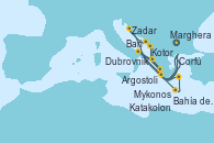 Visitando Marghera (Venecia/Italia), Bari (Italia), Corfú (Grecia), Argostoli (Grecia), Dubrovnik (Croacia), Kotor (Montenegro), Zadar (Croacia), Marghera (Venecia/Italia), Bari (Italia), Bahía de Souda (Grecia), Mykonos (Grecia), Katakolon (Olimpia/Grecia), Marghera (Venecia/Italia)