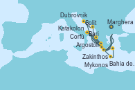 Visitando Marghera (Venecia/Italia), Bari (Italia), Corfú (Grecia), Zakinthos (Grecia), Argostoli (Grecia), Dubrovnik (Croacia), Split (Croacia), Marghera (Venecia/Italia), Bari (Italia), Bahía de Souda (Grecia), Mykonos (Grecia), Katakolon (Olimpia/Grecia), Marghera (Venecia/Italia)