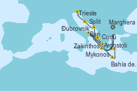 Visitando Marghera (Venecia/Italia), Bari (Italia), Bahía de Souda (Grecia), Mykonos (Grecia), Argostoli (Grecia), Marghera (Venecia/Italia), Bari (Italia), Corfú (Grecia), Zakinthos (Grecia), Argostoli (Grecia), Dubrovnik (Croacia), Split (Croacia), Trieste (Italia)