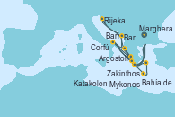 Visitando Marghera (Venecia/Italia), Bari (Italia), Corfú (Grecia), Zakinthos (Grecia), Argostoli (Grecia), Bar ( Montenegro), Rijeka (Croacia), Marghera (Venecia/Italia), Bari (Italia), Bahía de Souda (Grecia), Mykonos (Grecia), Katakolon (Olimpia/Grecia), Marghera (Venecia/Italia)