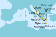 Visitando Marghera (Venecia/Italia), Bari (Italia), Bahía de Souda (Grecia), Mykonos (Grecia), Katakolon (Olimpia/Grecia), Marghera (Venecia/Italia), Bari (Italia), Corfú (Grecia), Argostoli (Grecia), Dubrovnik (Croacia), Kotor (Montenegro), Zadar (Croacia), Marghera (Venecia/Italia)