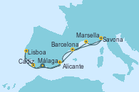 Visitando Málaga, Cádiz (España), Lisboa (Portugal), Alicante (España), Barcelona, Savona (Italia), Marsella (Francia), Málaga
