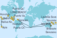 Visitando Brisbane (Australia), Caracas, Venezuela, Nouméa (Nueva Caledonia), Isla Mystery (Vanuatu), Lautoka (Fiyi), Suva (Fiyi), Savusavu (Islas Fidji), Apia (Samoa), Honolulu (Hawái), Kailua Kona (Hawai/EEUU), LONG BEACH, Puerto Vallarta (México), Huatulco (México), Puerto Chiapas (México), Puerto Quetzal (Guatemala), Punta Arenas (Chile), Cartagena de Indias (Colombia), Miami (Florida/EEUU)