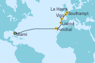 Visitando Miami (Florida/EEUU), Funchal (Madeira), Lisboa (Portugal), Vigo (España), Le Havre (Francia), Southampton (Inglaterra)