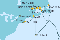 Visitando Boston (Massachusetts), EASTPORT, Halifax (Canadá), St. John´s (Antigua y Barbuda), St. Anthony (Canadá), Corner Brook (Newfoundland/Canadá), Havre Saint Pierre (Canadá), Baie-Commeau (Quebec/Canadá), Saguenay (Canadá), Quebec (Canadá), Montreal (Canadá)