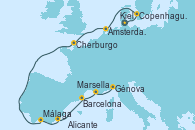 Visitando Kiel (Alemania), Copenhague (Dinamarca), Ámsterdam (Holanda), Cherburgo (Francia), Málaga, Alicante (España), Barcelona, Marsella (Francia), Génova (Italia)