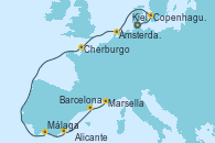 Visitando Kiel (Alemania), Copenhague (Dinamarca), Ámsterdam (Holanda), Cherburgo (Francia), Málaga, Alicante (España), Barcelona, Marsella (Francia)