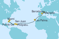 Visitando Marsella (Francia), Barcelona, Las Palmas de Gran Canaria (España), Philipsburg (St. Maarten), San Juan (Puerto Rico), Miami (Florida/EEUU), Puerto Cañaveral (Florida)