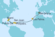 Visitando Barcelona, Las Palmas de Gran Canaria (España), Philipsburg (St. Maarten), San Juan (Puerto Rico), Miami (Florida/EEUU), Puerto Cañaveral (Florida)