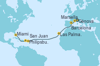 Visitando Génova (Italia), Marsella (Francia), Barcelona, Las Palmas de Gran Canaria (España), Philipsburg (St. Maarten), San Juan (Puerto Rico), Miami (Florida/EEUU)