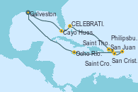 Visitando Galveston (Texas), Cayo Hueso (Key West/Florida), Celebration Key, The Bahamas, San Juan (Puerto Rico), Saint Thomas (Islas Vírgenes), San Cristóbal y Nieves, Philipsburg (St. Maarten), Saint Croix (Islas Vírgenes), Ocho Ríos (Jamaica), Galveston (Texas)