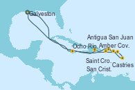 Visitando Galveston (Texas), Ocho Ríos (Jamaica), Saint Croix (Islas Vírgenes), Antigua (Antillas), Castries (Santa Lucía/Caribe), San Cristóbal y Nieves, San Juan (Puerto Rico), Amber Cove (República Dominicana), Galveston (Texas)