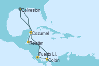Visitando Galveston (Texas), Roatán (Honduras), Colón (Panamá), Puerto Limón (Costa Rica), Cozumel (México), Galveston (Texas)