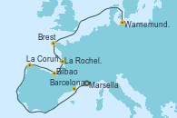 Visitando Marsella (Francia), Barcelona, La Coruña (Galicia/España), Bilbao (España), La Rochelle (Francia), Brest (Francia), Warnemunde (Alemania)