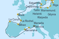 Visitando Génova (Italia), Marsella (Francia), Barcelona, La Coruña (Galicia/España), Bilbao (España), La Rochelle (Francia), Brest (Francia), Warnemunde (Alemania), Gdynia (Polonia), Klaipeda (Lituania), Riga (Letonia), Tallin (Estonia), Helsinki (Finlandia), Estocolmo (Suecia), Estocolmo (Suecia), Copenhague (Dinamarca)