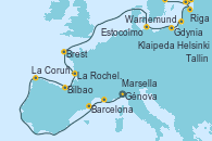 Visitando Génova (Italia), Marsella (Francia), Barcelona, La Coruña (Galicia/España), Bilbao (España), La Rochelle (Francia), Brest (Francia), Warnemunde (Alemania), Gdynia (Polonia), Klaipeda (Lituania), Riga (Letonia), Tallin (Estonia), Helsinki (Finlandia), Estocolmo (Suecia), Estocolmo (Suecia)
