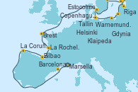 Visitando Marsella (Francia), Barcelona, La Coruña (Galicia/España), Bilbao (España), La Rochelle (Francia), Brest (Francia), Warnemunde (Alemania), Gdynia (Polonia), Klaipeda (Lituania), Riga (Letonia), Tallin (Estonia), Helsinki (Finlandia), Estocolmo (Suecia), Estocolmo (Suecia), Copenhague (Dinamarca)