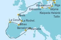 Visitando Marsella (Francia), Barcelona, La Coruña (Galicia/España), Bilbao (España), La Rochelle (Francia), Brest (Francia), Warnemunde (Alemania), Gdynia (Polonia), Klaipeda (Lituania), Riga (Letonia), Tallin (Estonia), Helsinki (Finlandia), Estocolmo (Suecia), Estocolmo (Suecia)
