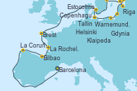 Visitando Barcelona, La Coruña (Galicia/España), Bilbao (España), La Rochelle (Francia), Brest (Francia), Warnemunde (Alemania), Gdynia (Polonia), Klaipeda (Lituania), Riga (Letonia), Tallin (Estonia), Helsinki (Finlandia), Estocolmo (Suecia), Estocolmo (Suecia), Copenhague (Dinamarca)
