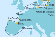 Visitando Barcelona, La Coruña (Galicia/España), Bilbao (España), La Rochelle (Francia), Brest (Francia), Warnemunde (Alemania), Gdynia (Polonia), Klaipeda (Lituania), Riga (Letonia), Tallin (Estonia), Helsinki (Finlandia), Estocolmo (Suecia), Estocolmo (Suecia)