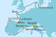 Visitando Civitavecchia (Roma), Livorno, Pisa y Florencia (Italia), Génova (Italia), Marsella (Francia), Barcelona, La Coruña (Galicia/España), Bilbao (España), La Rochelle (Francia), Brest (Francia), Warnemunde (Alemania)