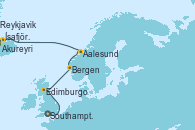 Visitando Southampton (Inglaterra), Edimburgo (Escocia), Bergen (Noruega), Aalesund (Noruega), Akureyri (Islandia), Ísafjörður (Islandia), Reykjavik (Islandia), Reykjavik (Islandia)