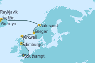 Visitando Southampton (Inglaterra), Edimburgo (Escocia), Kirkwall (Escocia), Bergen (Noruega), Aalesund (Noruega), Akureyri (Islandia), Ísafjörður (Islandia), Reykjavik (Islandia), Reykjavik (Islandia)