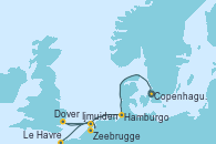 Visitando Copenhague (Dinamarca), Hamburgo (Alemania), Hamburgo (Alemania), Ijmuiden (Ámsterdam), Dover (Inglaterra), Zeebrugge (Bruselas), Le Havre (Francia)