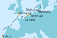 Visitando Hamburgo (Alemania), Rotterdam (Holanda), Zeebrugge (Bruselas), Le Havre (Francia), Southampton (Inglaterra), Lisboa (Portugal)