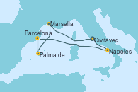 Visitando Civitavecchia (Roma), Nápoles (Italia), Barcelona, Palma de Mallorca (España), Marsella (Francia), Civitavecchia (Roma)